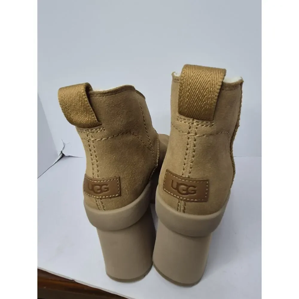 UGG New Heights Platform Mini Boot Tan Suede Shearling Lined Heel Women’s Size 8